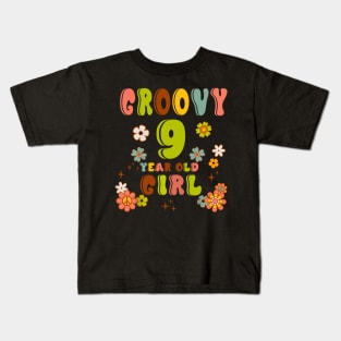 9th Birthday Retro Groovy Girl 9 Years Old Birthday Hippie Kids T-Shirt